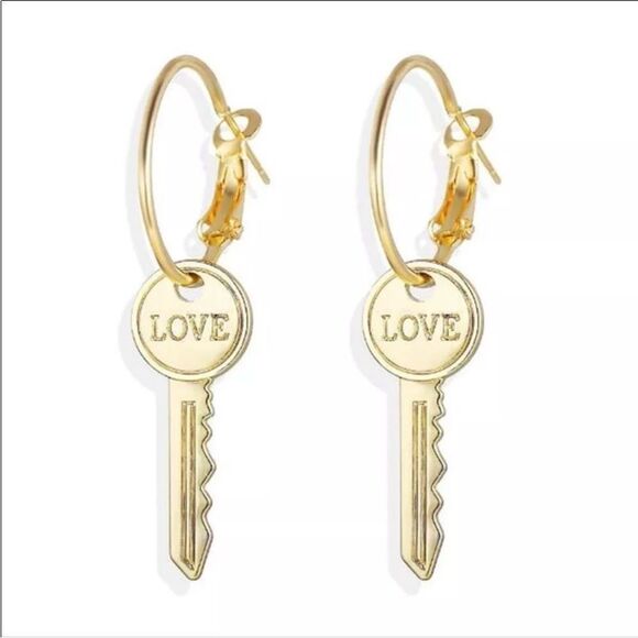 Gold Hoops Dangling Love Keys Drop Earrings NEW - Picture 1 of 4